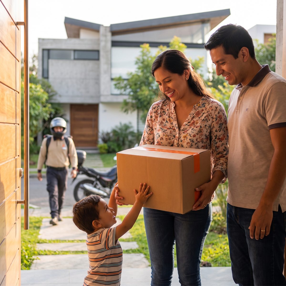 Cliente recibiendo su pedido de Ecuabox en la puerta de su casa